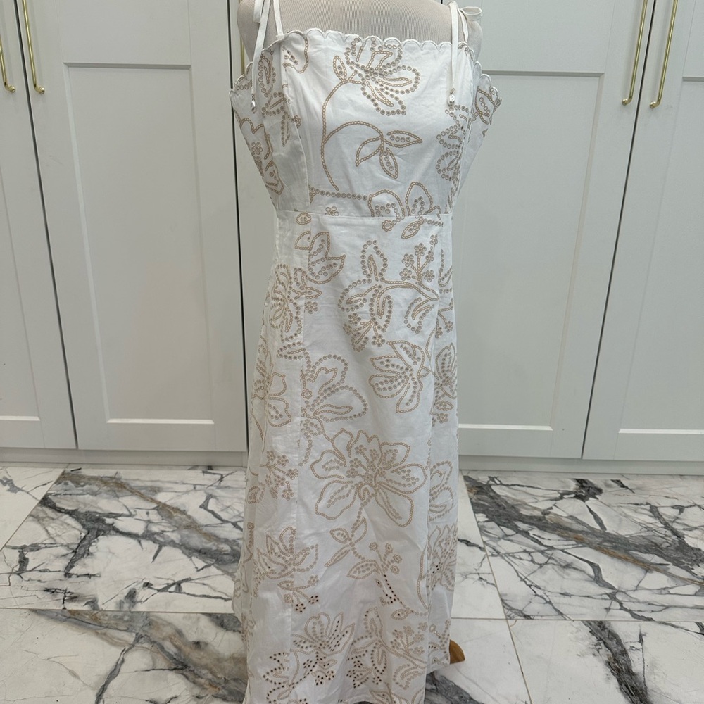 NVLT White Maxi Dress with Beige Floral Eyelet Embroidery